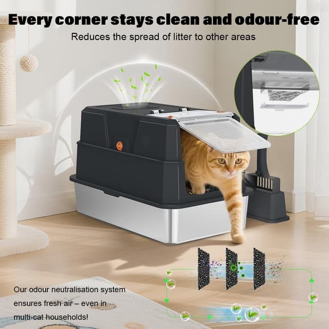Thumbnail 6 de SZEE Stainless Steel Cat Litter Tray with Lid (Black) — spacious, easy-clean litter box for odour control