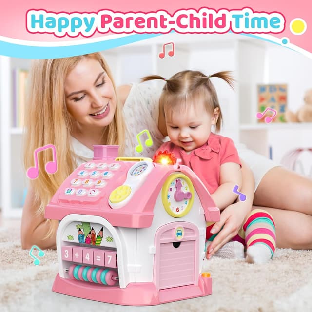 Detalle de Montessori 6-in-1 Multifunktionshaus Baby-Spielzeug (Musik, Uhr, Licht, Telefon, Auto) für Mädchen 1–2 Jahre