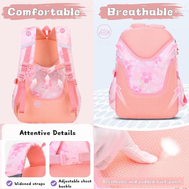 Detalle de Bansusu Kawaii Girls Backpack for Kids (31 x 16 x 45cm) with chest strap, multi-pocket 22L capacity
