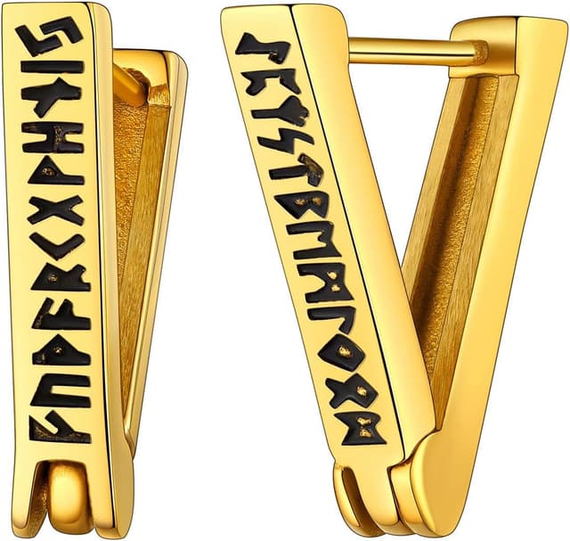 Detalle de FaithHeart Viking Hoop Earrings for Men with Norse Runes – Stainless Steel 316L, Hypoallergenic, Gift Wrapped