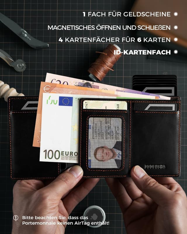 Detalle de DODENSHA AirTag porte-cartes homme avec protection RFID/NFC et porte-monnaie (Noir/orange)