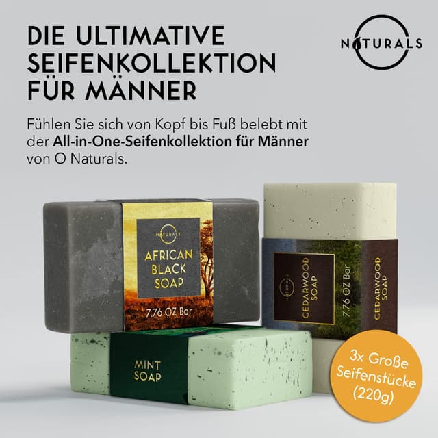 Detalle de O Naturals Seife für Männer (afrikanische Schwarze, Zedernholz, Minze) – 3er Set, 7.7 oz