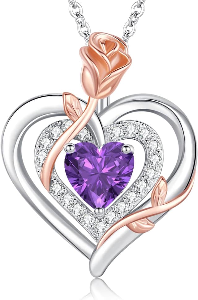 Thumbnail 6 de LAVUMO Collier femme argent sterling 925 et laiton, pendentif double cœur rose et pierre de naissance