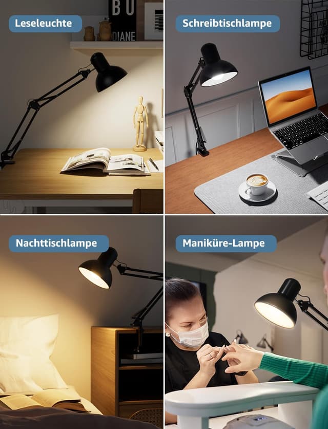 Detalle 2 de Lepro Retro-Schreibtischlampe mit Klemme, E27 (HxBxT 38 x 15 x 27 cm), schwenkbar und verstellbar in Schwarz