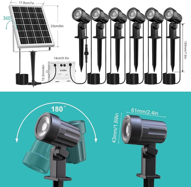 Detalle 2 de Linke Solar Spot Lights Outdoor Garden (2700K/4000K/6000K) Adjustable 6-in-1 LED Solar Uplighters, IP66 waterproof