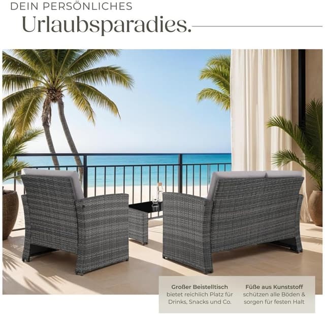 Detalle 2 de tectake Lounge Gartenmöbel-Set aus Poly-Rattan für den Garten/Balkon (12-teilig) – Essgruppe für 4 Personen, Grau/Hellgrau