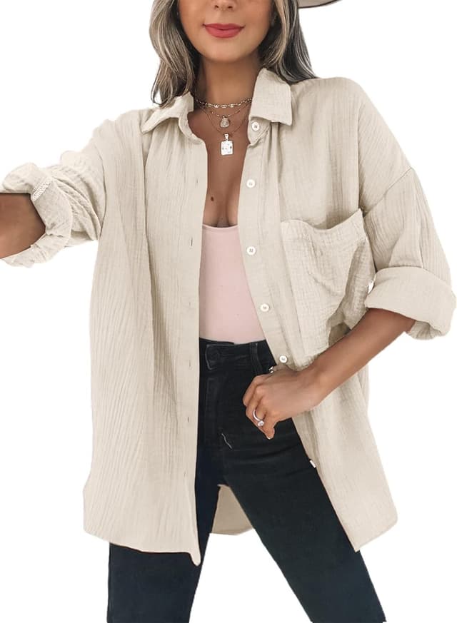 Detalle de Dokotoo Damen Musselin-Bluse mit Knopfleiste, Langarm und Farbblock-Design (S–XXL)