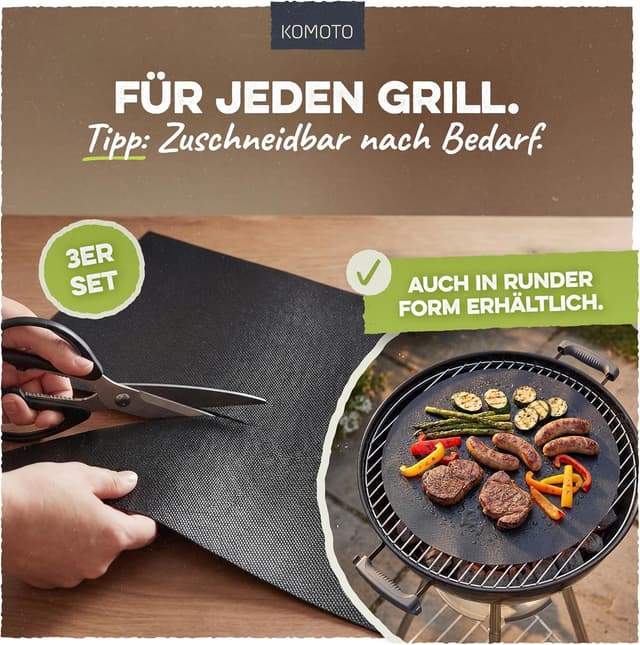 Thumbnail 6 de KOMOTO® BBQ Grillmatte (3er Set) 50x40 cm – Extra dicke Grillmatten für Gas- und Holzkohlegrills