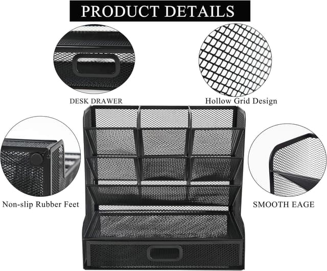 Detalle de Vikmyer Mesh Desk Organiser with Drawer – 9-compartment pen holder for home office, school and study