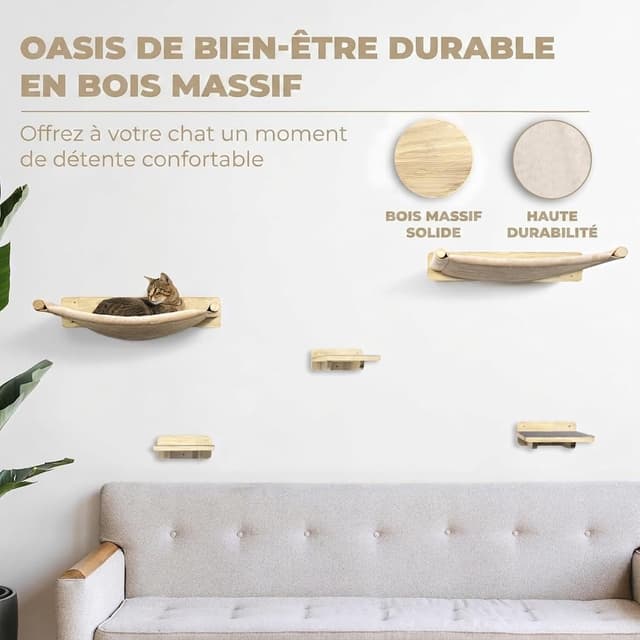 Detalle 2 de WOOWOOD® Kletterwand Katzen-Set „Naturhell“ (Wandkratzbaum mit Hängematte)