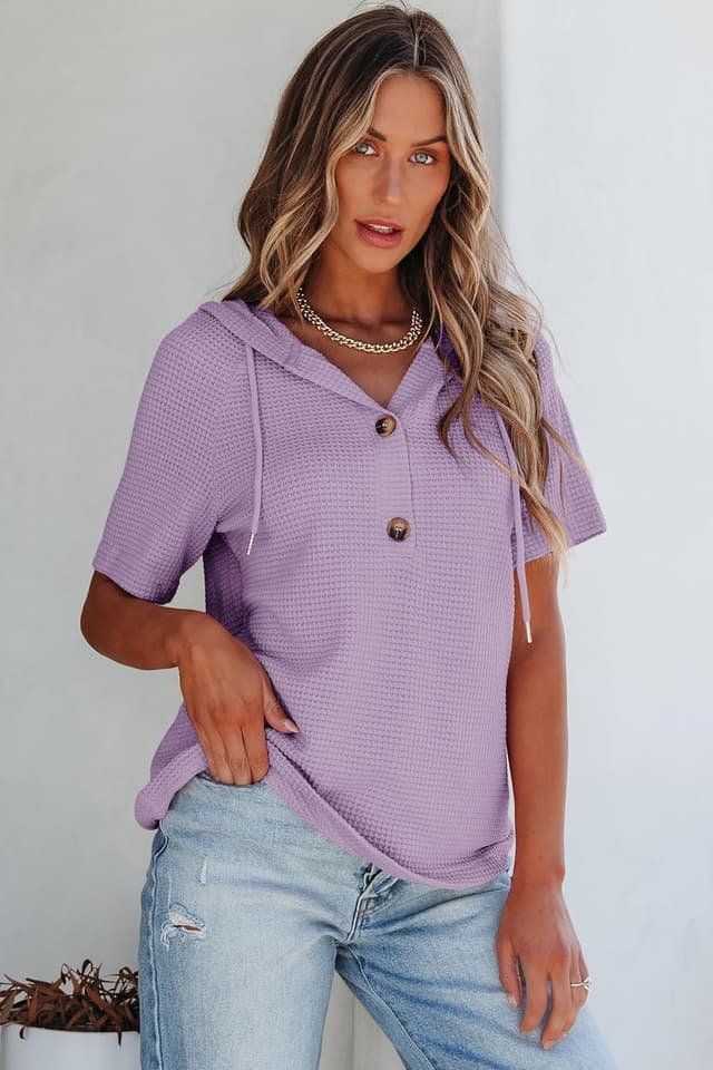 Detalle de Dokotoo Waffle Knit V-Neck Drawstring Hoodie Top for Women (Short Sleeve, Button Front)