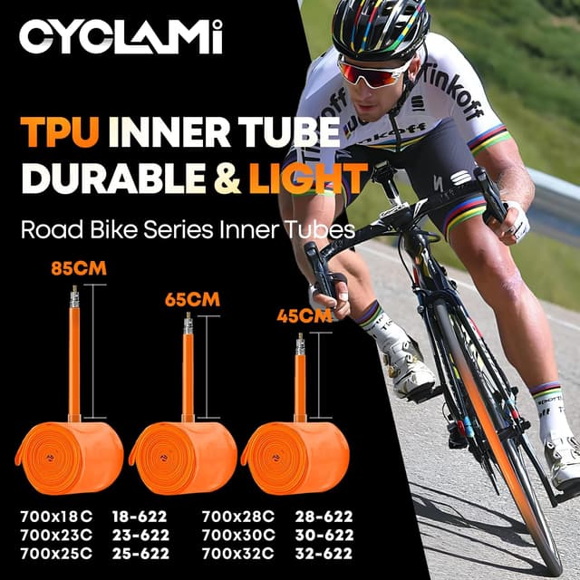 Detalle de CYCLAMI 4er‑Pack TPU Fahrradschläuche für 700×18–32C, 700×32–47C & MTB 29" mit Presta-Ventil