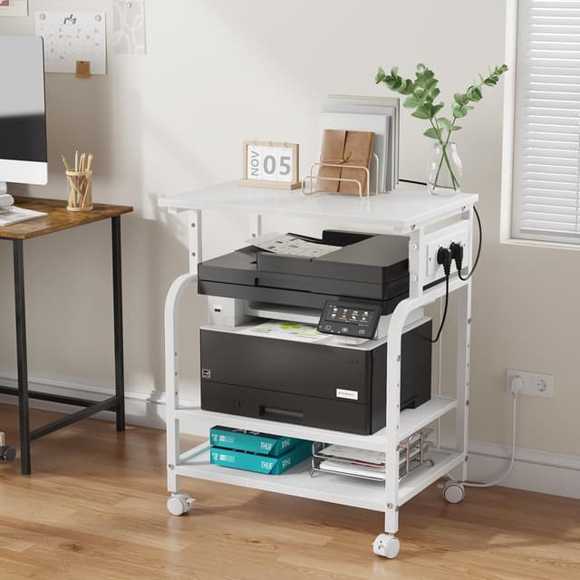 Detalle de OYRREU 3-stufiger Druckertisch mit Steckdose & USB, rollender Druckerständer für Heimbüro