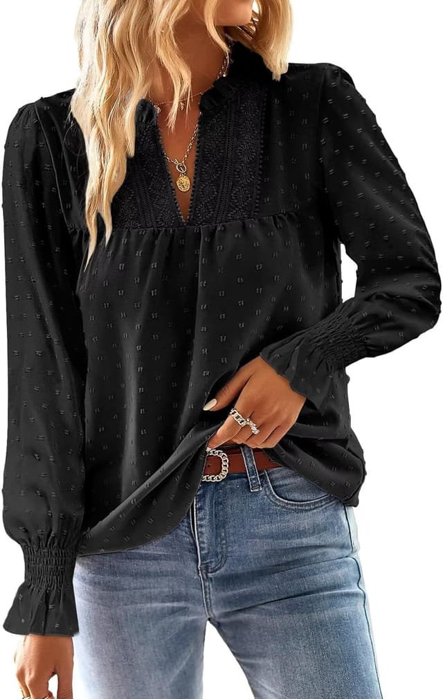 Detalle de TUUHAW Langarmshirt Damen mit V-Ausschnitt und Häkelverzierung – Boho Longshirt für jeden Tag