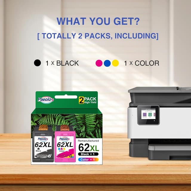 Detalle de Paeolos 62XL Ink Cartridges Combo Pack (Black & Colour) – 2-Pack for HP 62XL compatible printers