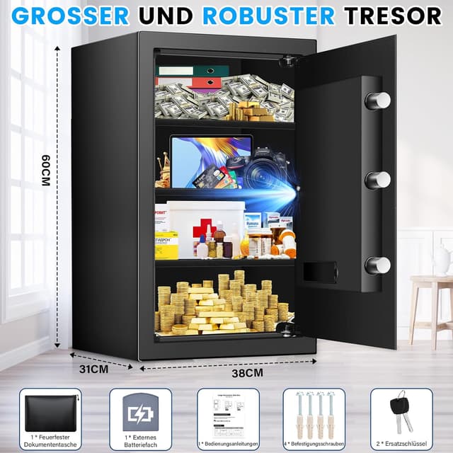 Detalle de 80L Digitaler Safe Tresor für Zuhause mit Feuerfester Tasche, Alarm & Silent-Modus sowie externer Batteriebox