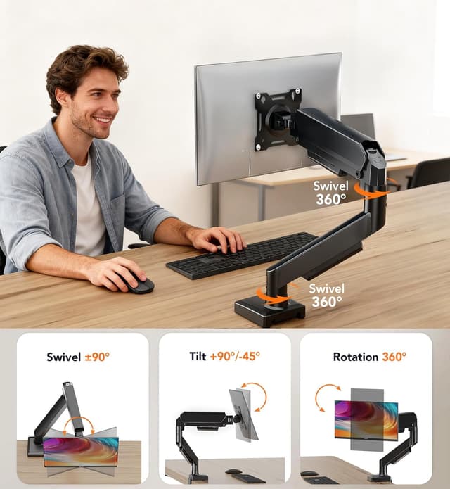 Detalle 2 de Hemudu single monitor arm (gas spring) for 17–32 inch screens, VESA 75/100mm, up to 9kg
