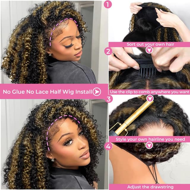 Detalle de Half Wig Human Hair 3 In 1 Kinky Curly Glueless Balayage Ombre Brown 250% Density (16 Inch) — Wear Go Drawstring Flip Headband Wig