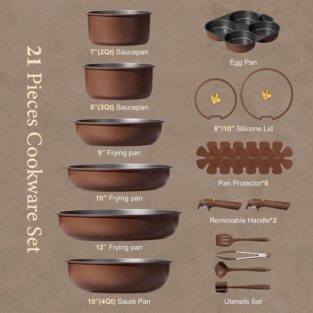 Detalle 2 de CAROTE 21-Piece Pots and Pans Set with Detachable Handle (Nonstick, Oven Safe) — Brown