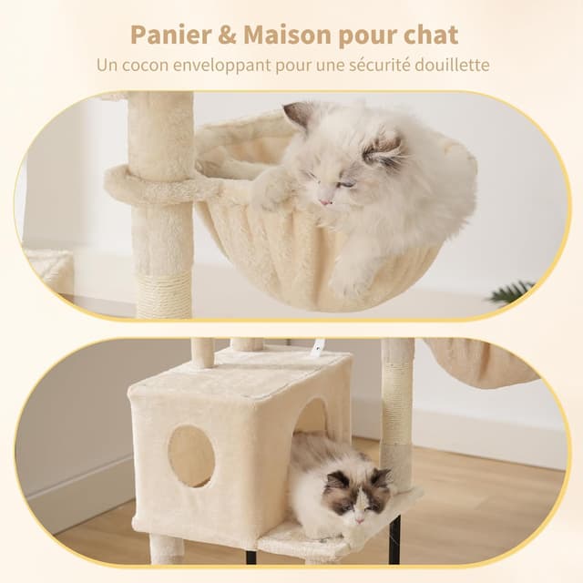 Detalle 2 de Heybly Arbre à chat HCT200SM beige – 125 cm avec niche, plateformes et griffoir en sisal