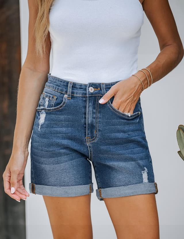Detalle de luvamia Women’s Casual Ripped Denim Shorts – High Rise Distressed Rolled Hem