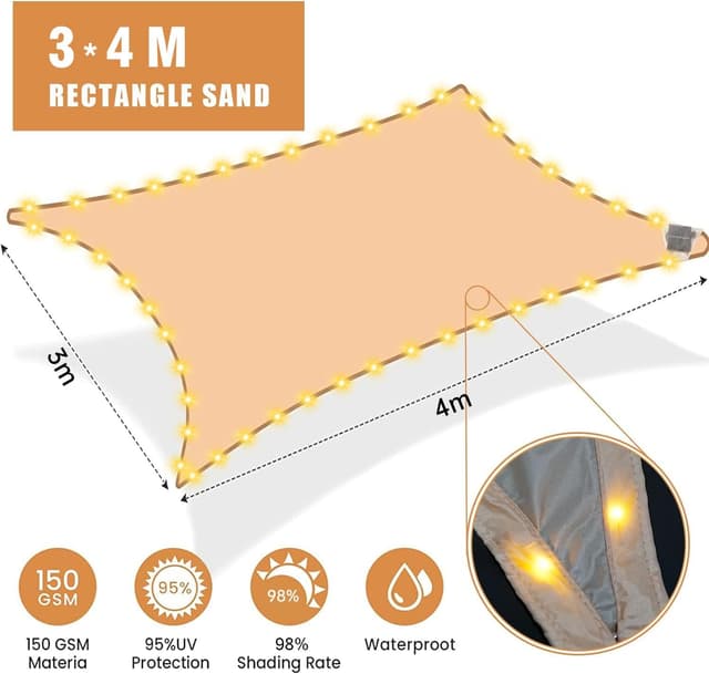 Detalle 2 de ABIUBIU wasserdichtes Sonnensegel 3x4 m mit Solar-LED-Lichterkette (Beige)