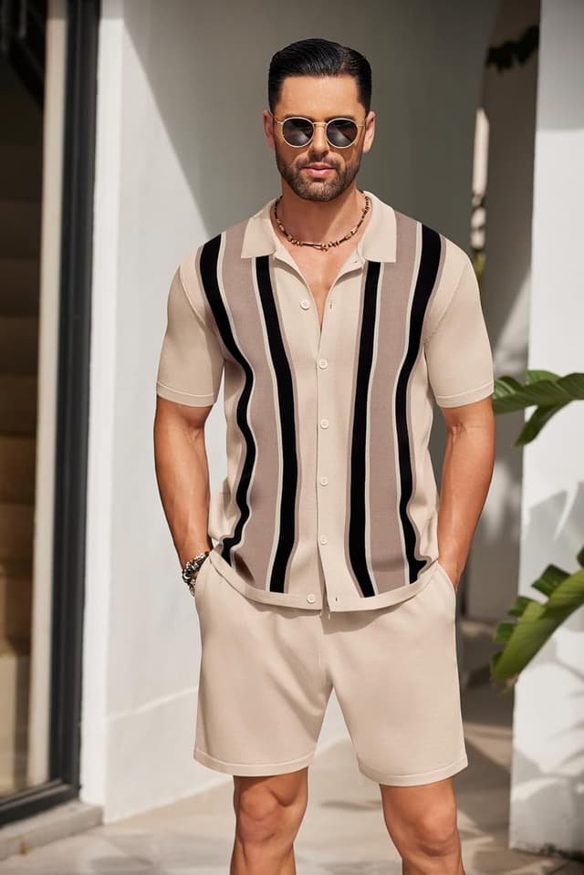 Detalle de COOFANDY Men’s Vintage 2-Piece Knit Polo & Beach Shorts Set (Short Sleeve Button-Down)