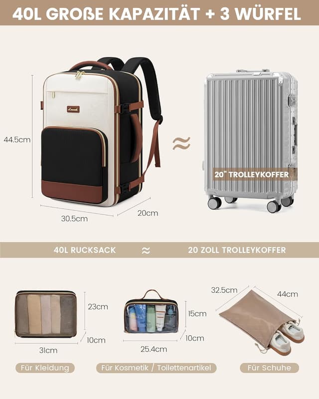 Detalle de LOVEVOOK Handgepäck Rucksack für 17,3 Zoll (40L) – 45x30x20 cm, wasserdichtes Reise- und Business-Backpack in Schwarz Beige Braun