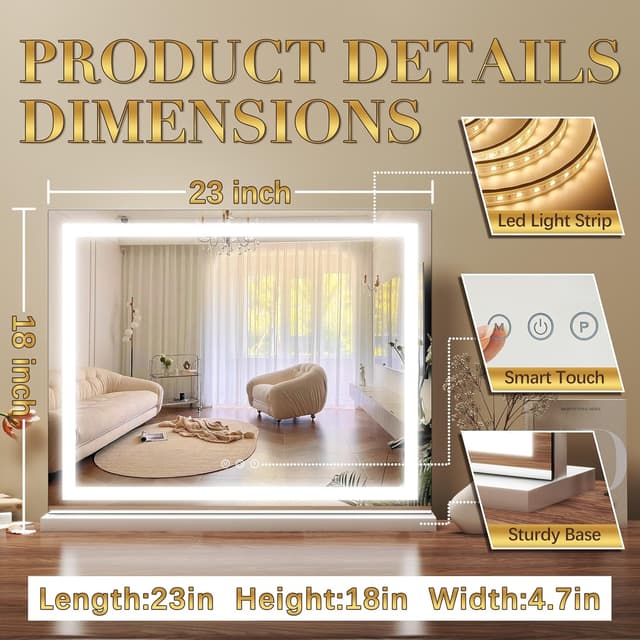 Detalle de ROLOVE 23x18 Inch Lighted Vanity Mirror with 3-Color Dimmable LED & Touch Controls