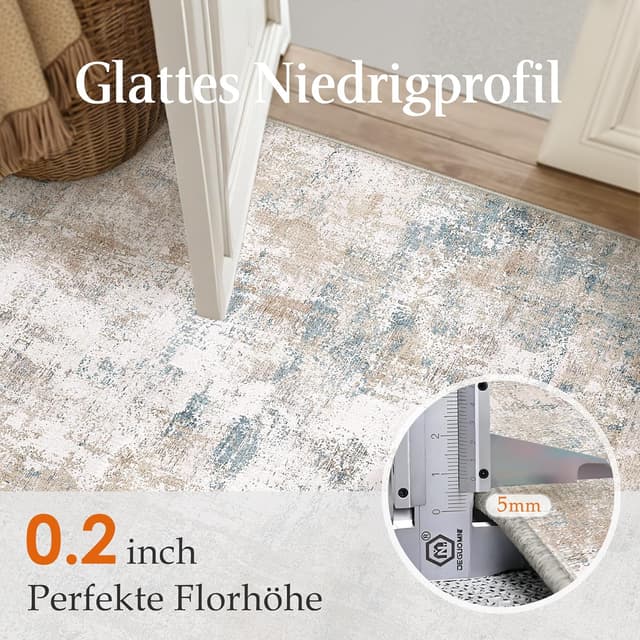 Detalle 2 de HUGEAR waschbarer Design-Teppich (60 x 90 cm) in Beige/Blau – rutschfest & kurzflorig für Flur und Eingang