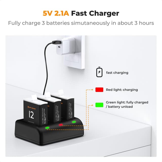 Detalle 2 de K&F CONCEPT 3-Pack Replacement Batteries for Hero 12 with 3-Channel Quick Charger (1730mAh)