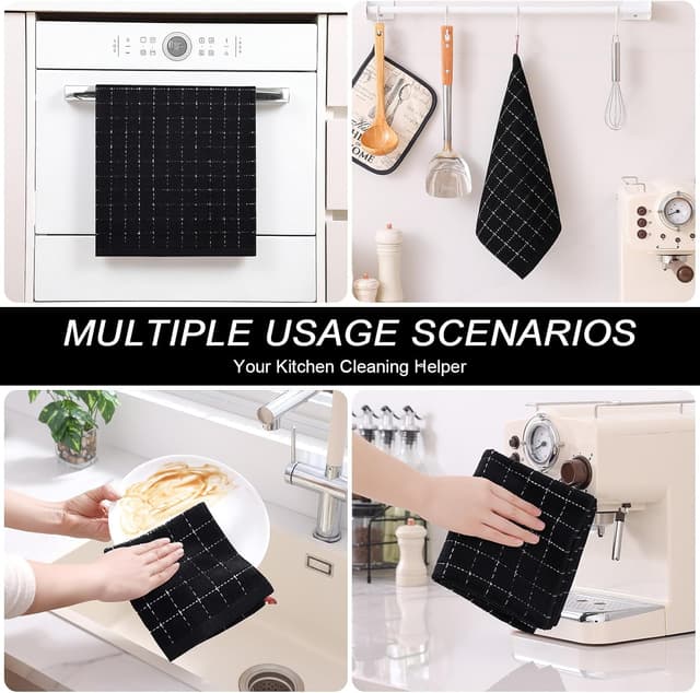 Detalle de Homaxy Kitchen Towels and Dishcloths Set (8-Piece) — 100% Cotton Terry Towels, Checkered Design, Black