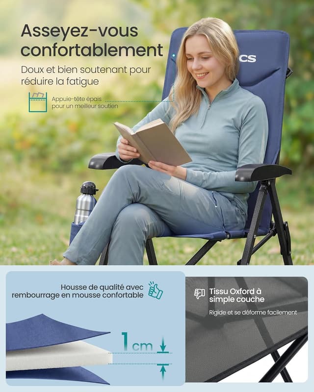 Detalle de SONGMICS Chaise de camping pliable bleue GCB015QZ01 avec dossier inclinable 95°–150°