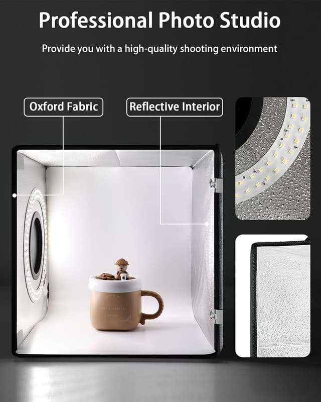 Detalle 2 de DUCLUS Fotobox Set (25×25 cm) mit 96 LEDs & 6 PVC-Hintergründen – faltbare Mini-Lichtbox für Produktfotos