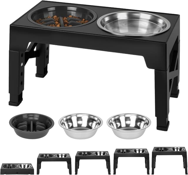 Detalle de AUYAO Raised Dog Bowls Adjustable Elevated Feeder (5 heights) with 2 stainless steel bowls