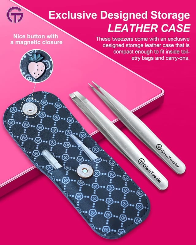 Detalle de GlamTweeler Expert Slant and Point Tip Tweezer Set (Sparkle Silver) with Storage Case