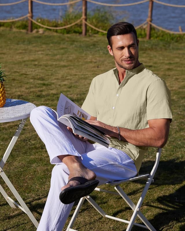 Detalle de YAOBAOLE Chemise Lin Homme à Manche Courte Henley col mao