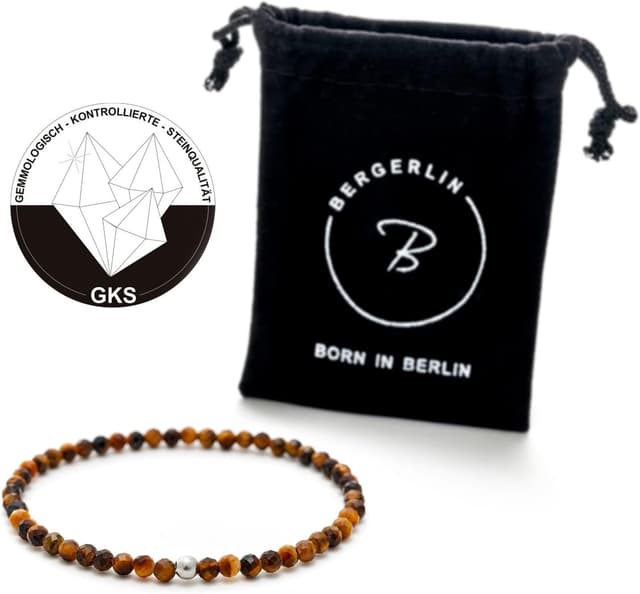 Detalle de BERGERLIN Echtes Naturstein Perlen Armband mit 925-Silberperle (Tigerauge) – zertifiziert