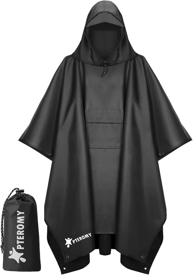 Detalle de PTEROMY Hooded Rain Poncho for Adults with Pocket — Waterproof lightweight unisex raincoat