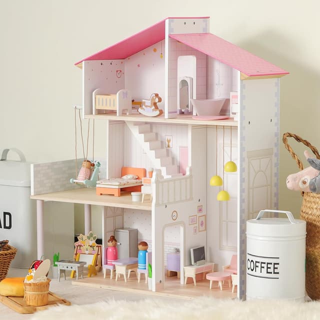 Detalle 2 de SainSmart Jr. Wooden Dollhouse with 37 Pieces 🏠