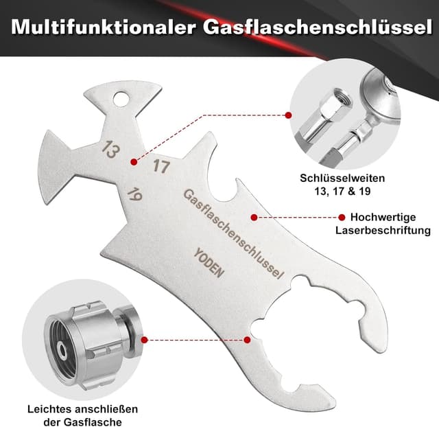 Detalle de Edelstahl Gasflaschenschlüssel mit Flaschenöffner – Multi-Funktion für 13/17/19 mm
