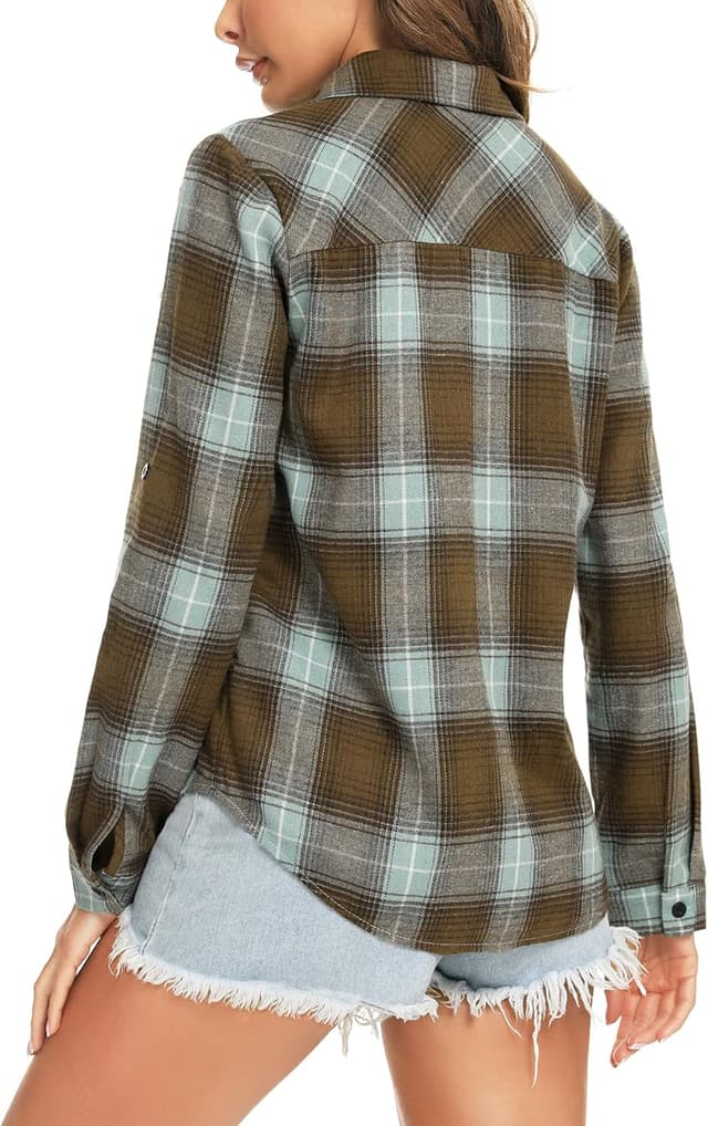 Detalle de Women’s 100% Cotton Flannel Plaid Shirt Blouse (Long Sleeve Button-Down, Boyfriend Fit)