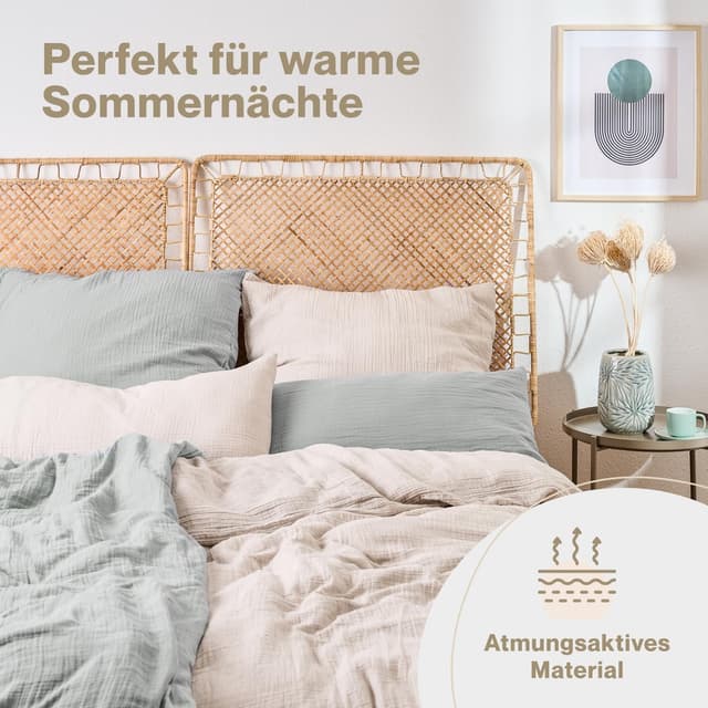 Detalle de Blumtal Musselin Bettwäsche 155x220 cm + 80x80 cm (Oeko-TEX) aus 100% Baumwolle – waschbar bei 40 °C