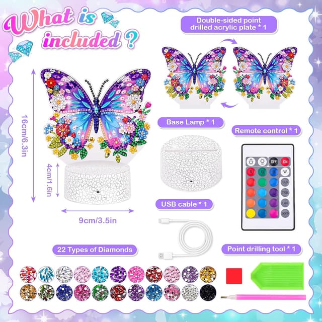 Detalle de Girls Butterfly Diamond Painting Night Light Craft Kit (Age 5–12) with Touch & Remote Control