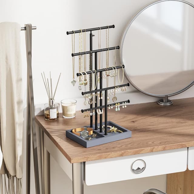 Detalle 2 de Love-KANKEI 5-stufiger Schmuckständer für Ketten, Ohrringe, Ringe & Armbänder (43,5 x 16 x 22 cm) – Schwarz-Grau