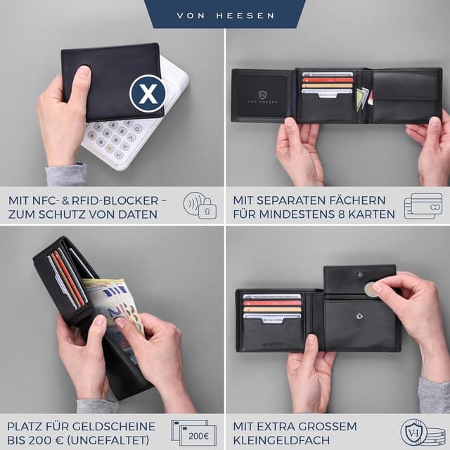 Detalle de VON HEESEN Leder-Geldbörse mit RFID-Schutz aus Echtleder (Schwarz, Glatt)