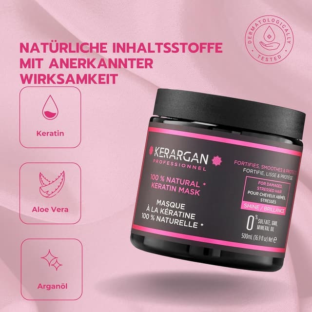 Detalle de Kerargan Ultra reparierende Keratin-Haarmaske für strapaziertes Haar (500 ml) – ohne Sulfate, GVO & Mineralöl