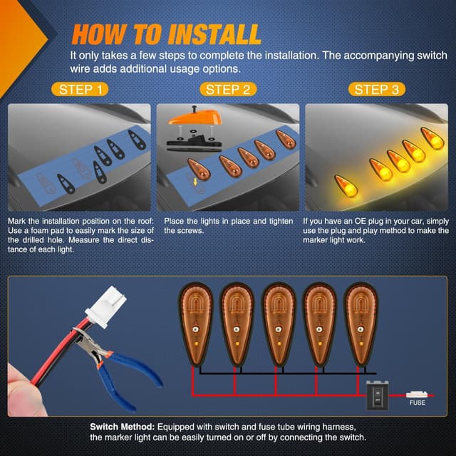 Detalle de Nilight Cab Roof Marker Light (5-Pack) Amber Teardrop Waterproof Clearance Indicator