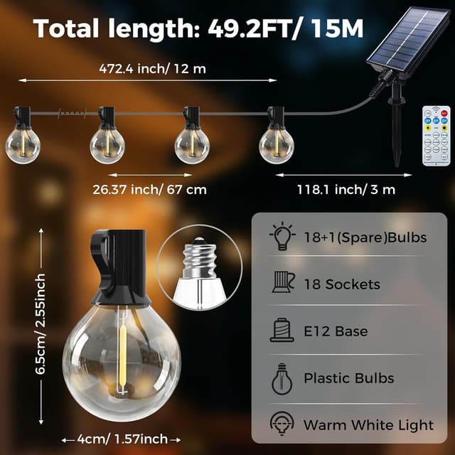 Detalle de kolpop Solar-Lichterkette für außen 15 m mit 8 Modi, dimmbar (G40) und Speicherfunktion