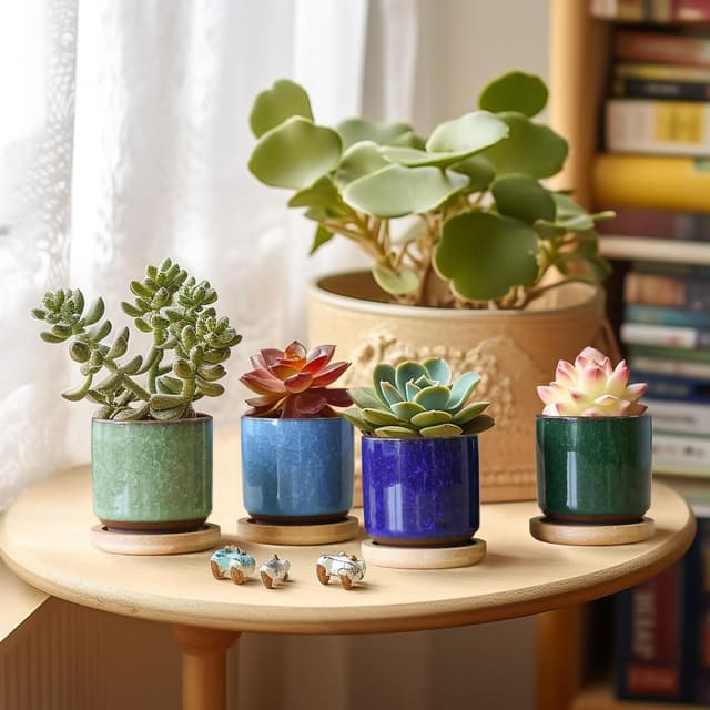 Detalle de T4U set da 6 mini vasi in ceramica da interno con sottovaso (apertura 6 cm)